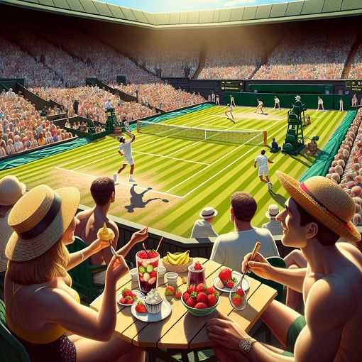 A vibrant scene of Wimbledon tennis courts with players in action, spectators enjoying strawberries and cream, and the famous grass courts ahead of a sunny day.