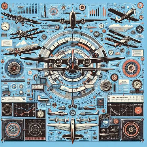 An informative aviation-themed image depicting aircraft, regulations, and safety procedures in a dynamic layout.