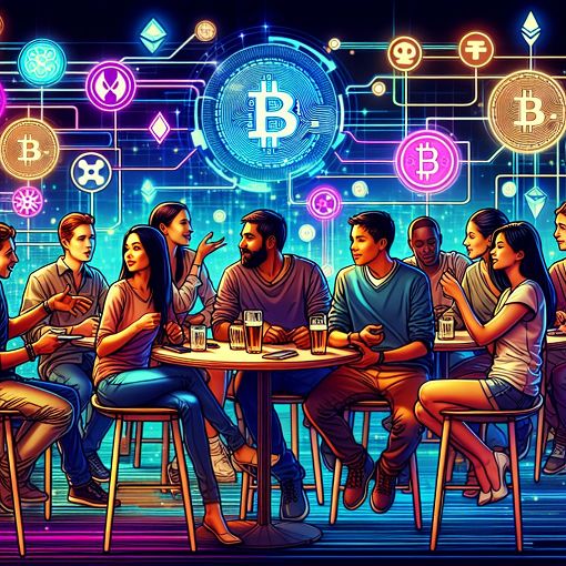 Create an eye-catching, modern illustration depicting a vibrant college mixer event with students discussing cryptocurrencies and blockchain technology, surrounded by digital assets and trending blockchain icons.