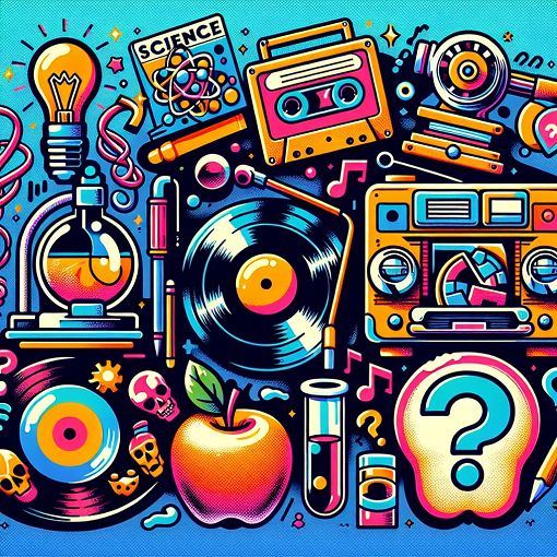 A vibrant and colorful illustration depicting various trivia topics such as science, pop culture, and food, with question marks and fun icons representing different categories, in a playful and engaging style.