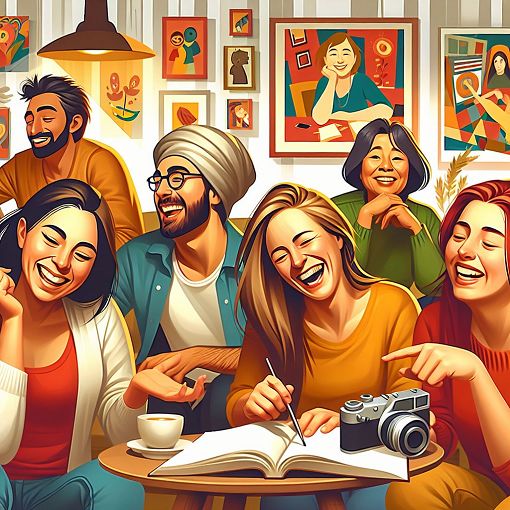 An illustrative, colorful depiction of diverse individuals in a cozy living space, showcasing various personalities interacting, some laughing, others in thoughtful poses, capturing the essence of friendship and roommate dynamics.