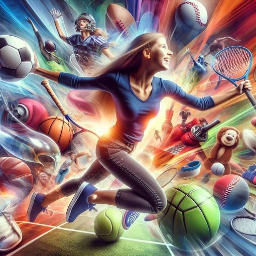 A young girl enjoying sports activities, surrounded by various sports equipment, with a playful and vibrant background reflecting adventure and fun.