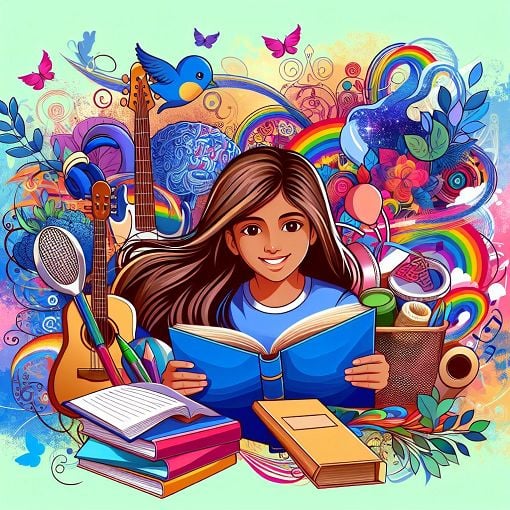 A vibrant illustration of a young girl surrounded by various fun items that represent her favorite hobbies, colors, and interests, with a cheerful atmosphere.