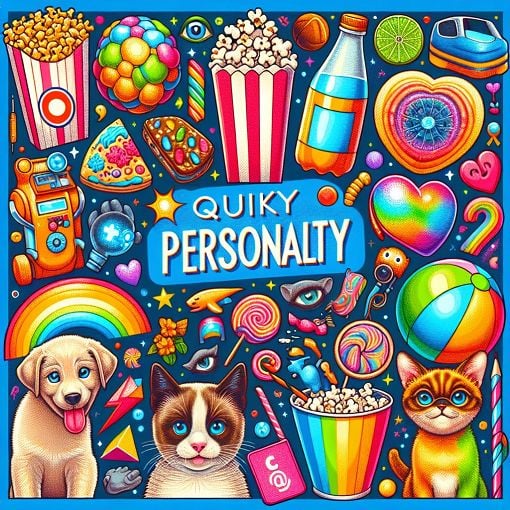 A vibrant and colorful collage representing a quirky personality, including elements like snacks, pets, pop culture references, and fun experiences.