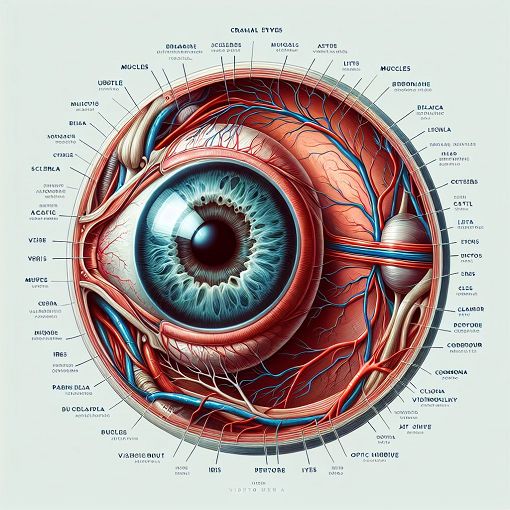 Anatomical diagram of the human eye and orbit, detailed and scientifically accurate, highlighting cranial nerves and blood vessels, with labels.