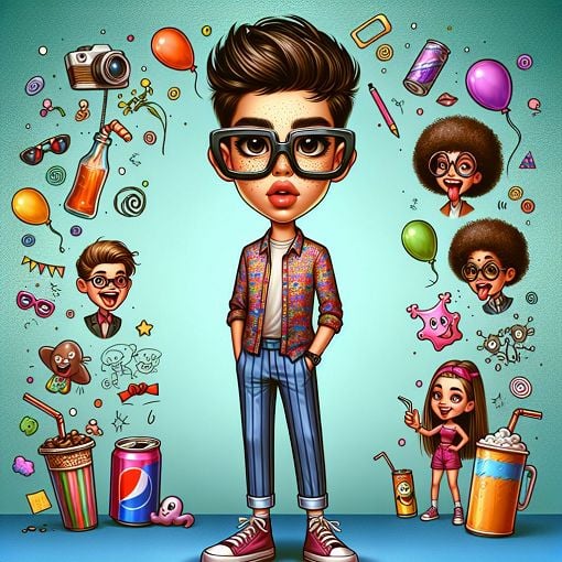 A cartoonish illustration of a tall, quirky teenager wearing oversized glasses and stylish outfits, surrounded by humorous elements representing friends and casual fun.