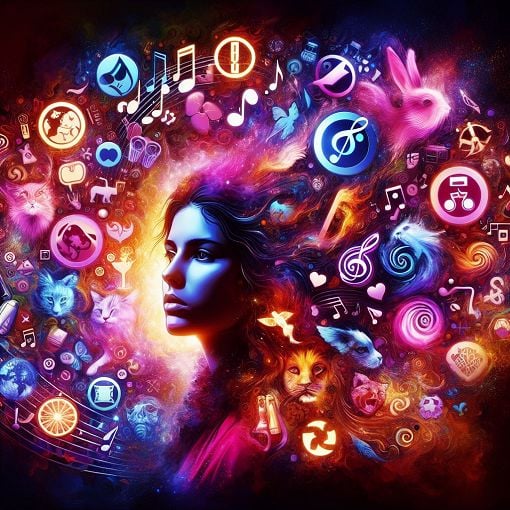 A vibrant and colorful digital art piece depicting a young woman surrounded by symbols representing her interests, such as musical notes, animal motifs, and drink icons.