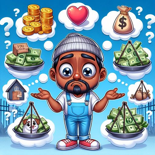 Generate an image of a whimsical cartoon scenario showing a person faced with humorous yet challenging choices, symbolizing sacrifices for a million dollars, with exaggerated expressions and playful elements.