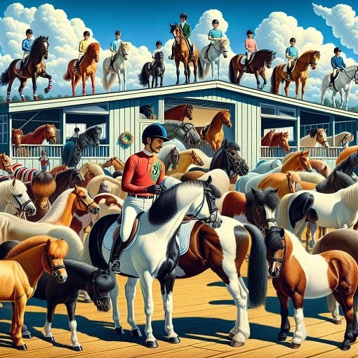 A vibrant image of a stable with ponies, riders practicing various equestrian disciplines, and a bright blue sky.