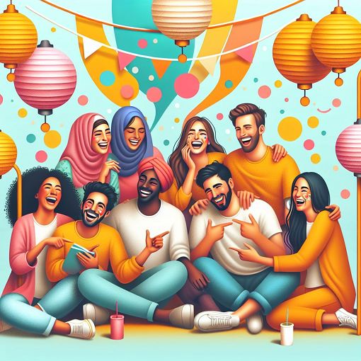 Create an illustration of a group of friends sitting together, laughing and playfully pointing at each other, with a whimsical, colorful background that conveys fun and friendship.