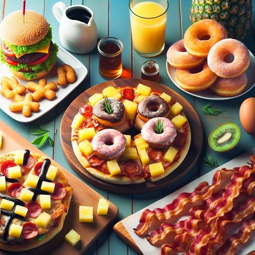 A colorful, whimsical illustration of various controversial food pairings, such as pineapple on pizza, burger in a doughnut bun, and bacon with maple syrup, arranged creatively on a dining table.