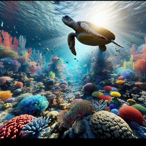 A vibrant underwater scene featuring a sea turtle swimming among colorful coral reefs, with various marine life in the background.