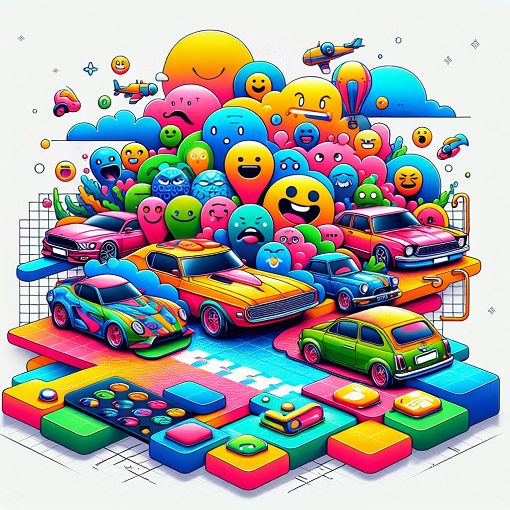 Create a vibrant and engaging quiz landing page image featuring cars, cartoons, and emojis in a fun, colorful design.