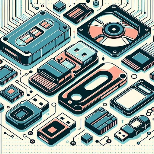 A modern graphic representation of various memory and storage devices like USBs, memory cards, and hard disks, with a techie background