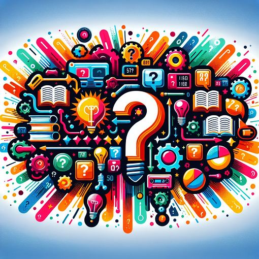 A vibrant and colorful graphic featuring various trivia questions and symbols, such as question marks, books, and lightbulbs to represent knowledge and learning.