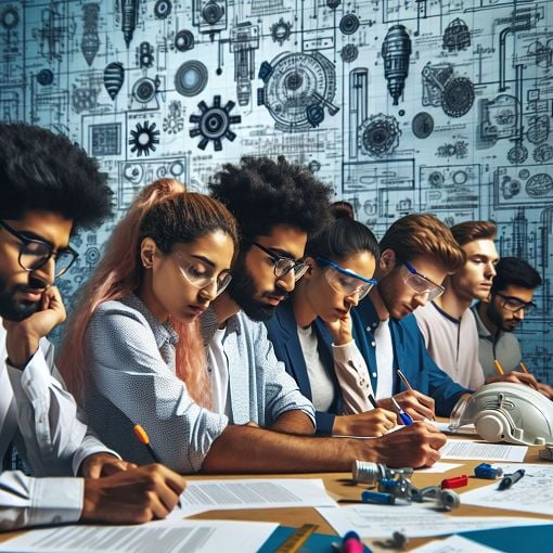 Generate an image of a diverse group of engineering students engaged in a quiz competition, with technical drawings and safety gear in the background.