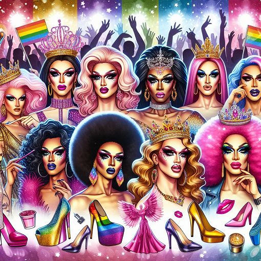 A vibrant and colorful collage featuring drag queens in glamorous outfits, adorned with sparkling makeup, surrounded by elements like crowns, heels, and rainbow motifs. The background should evoke a lively drag show atmosphere.