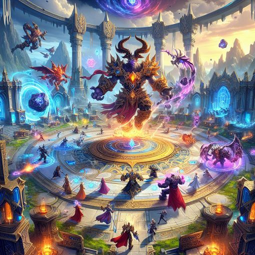 A detailed illustration of a heroic raid boss arena from a fantasy MMORPG, with vibrant colors and dynamic action, depicting various boss mechanics and players strategizing in combat.