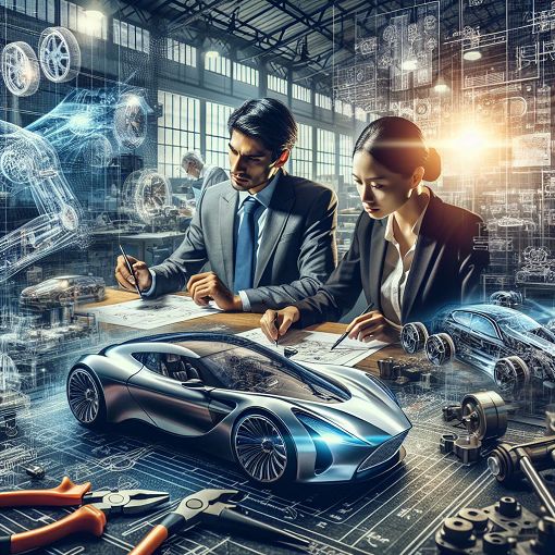 Create an image of a technical inspection scene featuring engineers reviewing a vehicle prototype with inspection tools, charts, and diagrams in a workshop setting, showcasing a collaborative and focused environment.