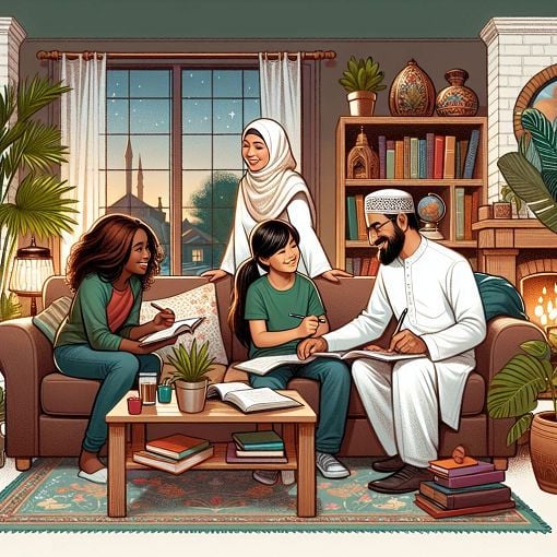 A serene family scene depicting a joyful family together, showcasing respect and love between parents and children, in a comfortable home setting.