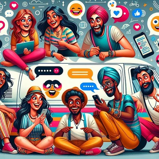 A colorful and whimsical illustration depicting a group of friends engaging playfully in a chat group, with humorous expressions and various interactive elements like emojis and chat bubbles, themed around a fictional 'Van Cult'.