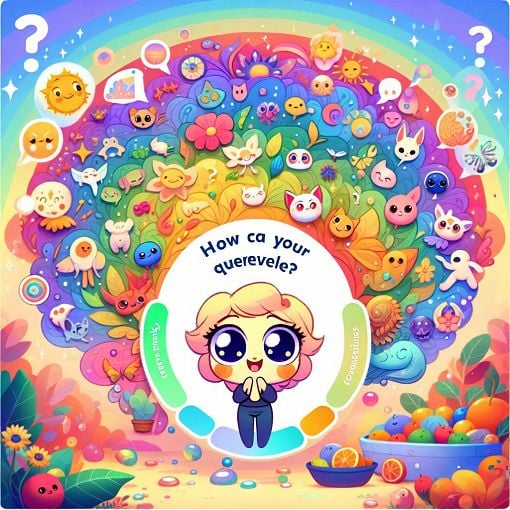 Create an image of a vibrant quiz interface featuring colorful question bubbles, a playful character named Hope, and fun illustrations representing her favorite things like animals, colors, and fruits.