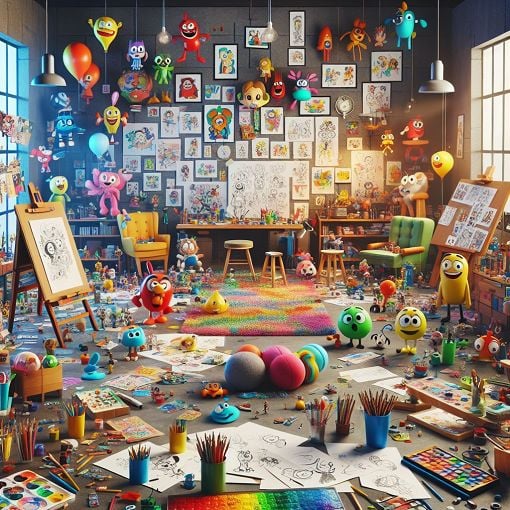 Create an illustration of a colorful, whimsical animation studio filled with playful characters and artistic tools, reflecting adult animation themes and creativity.