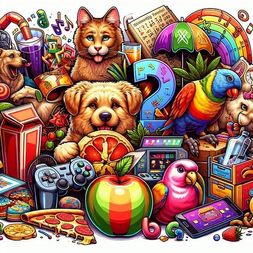 A colorful and engaging graphic representing friendship, quizzes, and fun activities, featuring playful illustrations of food, pets, video games, and zodiac signs.