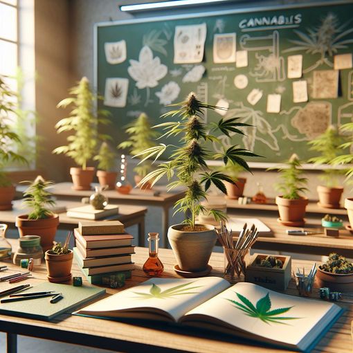 A vibrant classroom setting filled with cannabis-related educational materials, such as books and posters, featuring various cannabis plants in the background, under soft lighting that creates an inviting atmosphere.