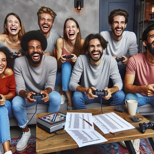 Create an image of a group of friends hanging out, playing video games, and laughing together, with a quiz sheet on the table, showcasing a vibrant and engaging atmosphere.