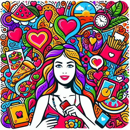 A vibrant and colorful illustration of a young woman (Kim) surrounded by symbols of love, friendship, and fun, including hearts, food, and travel icons, in a playful and whimsical style.