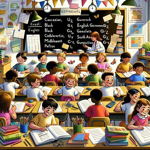 A colorful illustration of a classroom setting with students taking an English grammar quiz, featuring elements like books, pencils, and a chalkboard.