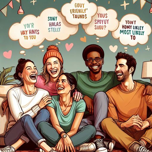 A colorful illustration showing a group of diverse friends laughing and interacting in a casual setting, with thought bubbles showing humorous 'most likely to' scenarios.