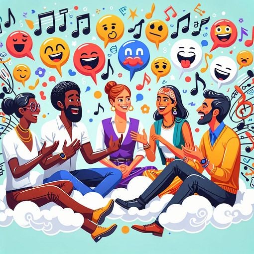 A vibrant and playful illustration of a group of friends playfully debating and having fun, surrounded by musical notes, laughter, and playful emojis representing different traits like humor and personality.