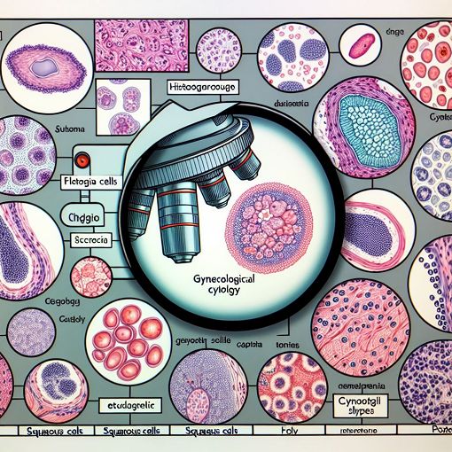 A detailed illustration of various gynecological cytology samples, featuring squamous cells, a variety of bacteria, and detailed histological slides under a microscope, with labels for educational purposes.