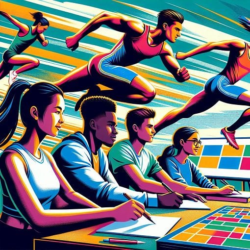 Create an image of a vibrant sports quiz scene featuring a diverse group of students engaged in a quiz competition, with posters of famous athletes like Usain Bolt and Jessica Ennis in the background, and a colorful quiz board in front.