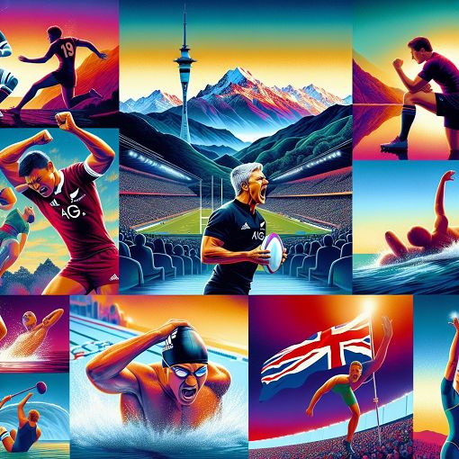 Create an image featuring iconic New Zealand sports moments, such as rugby, swimming, and Olympic triumphs, with a vibrant background reflecting the country's landscapes.