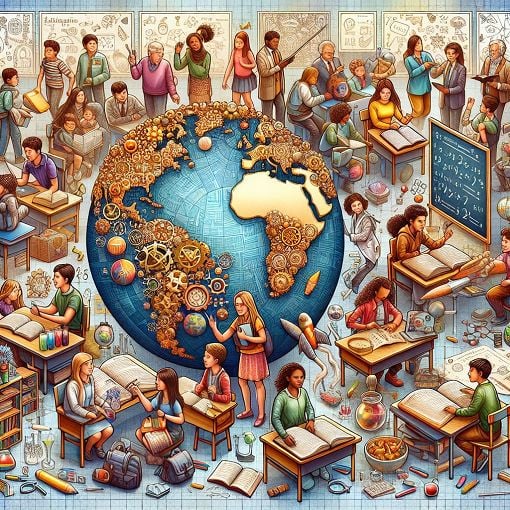 Create an imaginative illustration of diverse students engaged in various learning activities, representing the International Baccalaureate Learner Profile. Include elements of curiosity, teamwork, and problem-solving.