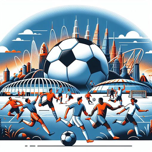 A vibrant soccer-themed illustration featuring a soccer ball, players celebrating a goal, and iconic soccer stadiums in the background.