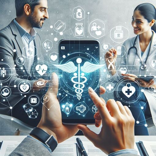 Create an engaging and informative image for a quiz about digital healthcare services, featuring elements like a smartphone displaying medical icons, a doctor consulting a patient online, and healthcare-related graphics in a modern design.