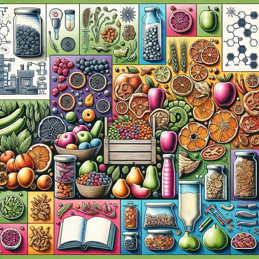 A vibrant collage of value-added foods including dried fruits, packaged goods, and farm-fresh vegetables, with a scientific background depicting food preservation techniques.