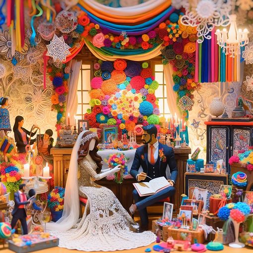 A whimsical wedding scene with various styles: relaxed, elegant, vintage, and rustic, with a couple planning their wedding, bright colors and decorations in the background.