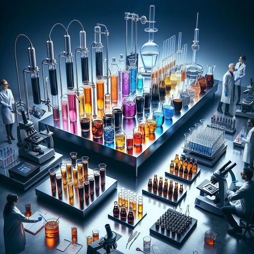 A vibrant and visually appealing image showcasing various beverages, chromatography equipment, and analytical processes in a laboratory setting.