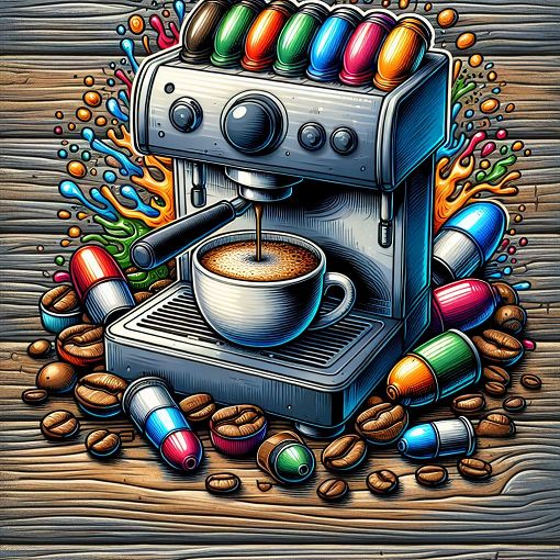 A vibrant, artistic illustration of a Nespresso coffee machine, various coffee capsules, and a steaming cup of coffee on a wooden table with coffee beans scattered around.