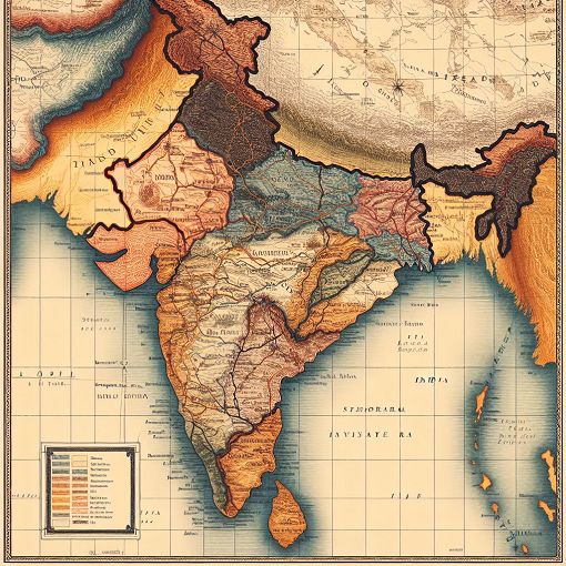 A vintage map of India during the British colonial era, featuring important trade routes and battles, styled in a historical illustration format.