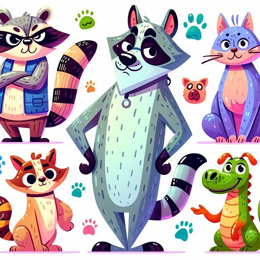 A whimsical, cartoon-style illustration of a diverse group of animal characters, each showcasing different personalities, including a raccoon, a cat, and a dog, with vibrant colors and a playful atmosphere.