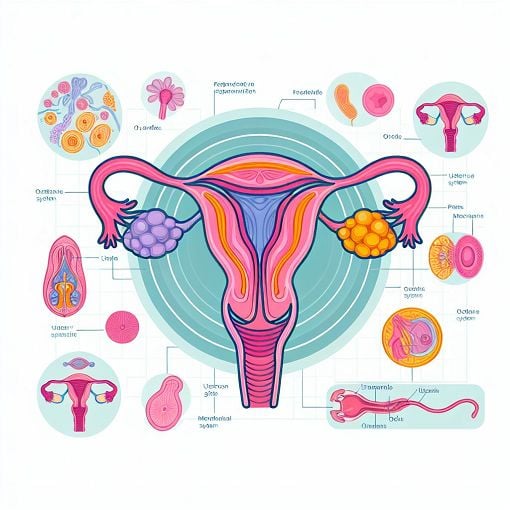 A detailed diagram of the female reproductive system, incorporating elements like ovaries, uterus, and menstrual cycle, showcasing anatomical features in a vibrant educational style.