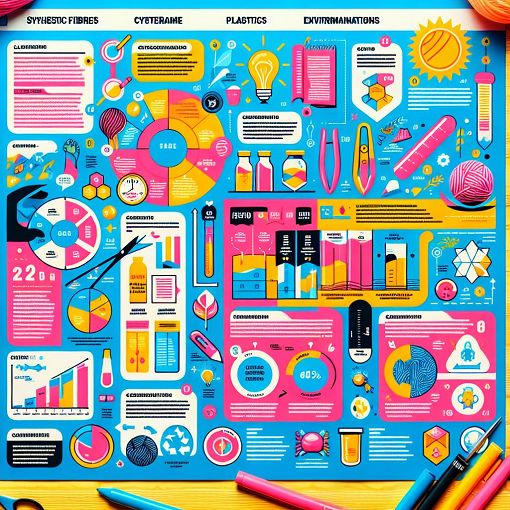 Create an educational infographic that visually explains synthetic fibres and plastics, highlighting their properties, uses, and environmental impacts, using bright colors and engaging graphics.