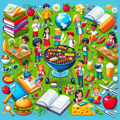 A fun and colorful illustration featuring a group of students at a BBQ, surrounded by Ma'ayanot-related items like books, educational symbols, and cheese platters.