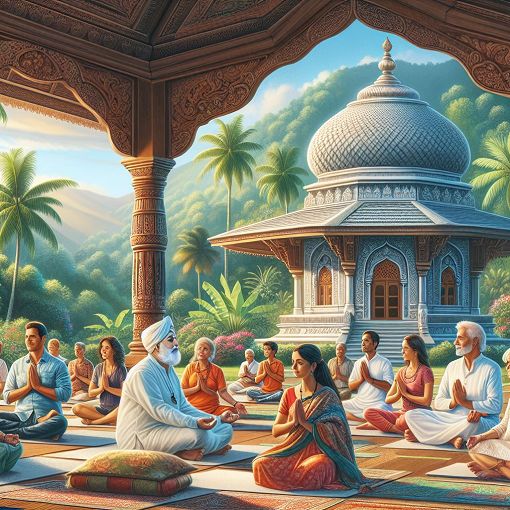 A serene temple scene depicting a spiritual gathering with devotees engaging in prayer and reflection, surrounded by lush greenery and traditional Indian architecture.